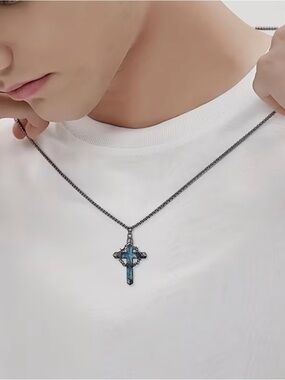 Blue Cross Pendant Necklace in Gun Black Chain - Unisex Jewelry